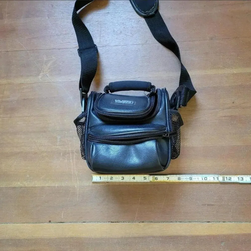 Vtg 90s VIDPRO Multi Zip Pocket Mesh Pocket Leather Camera Bag Case Sm/ Med